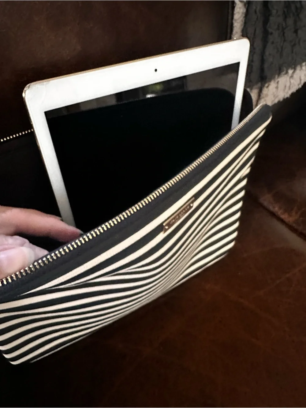 kate spade Black and White Horizontal Stripe computer pouch with Gold Plaque